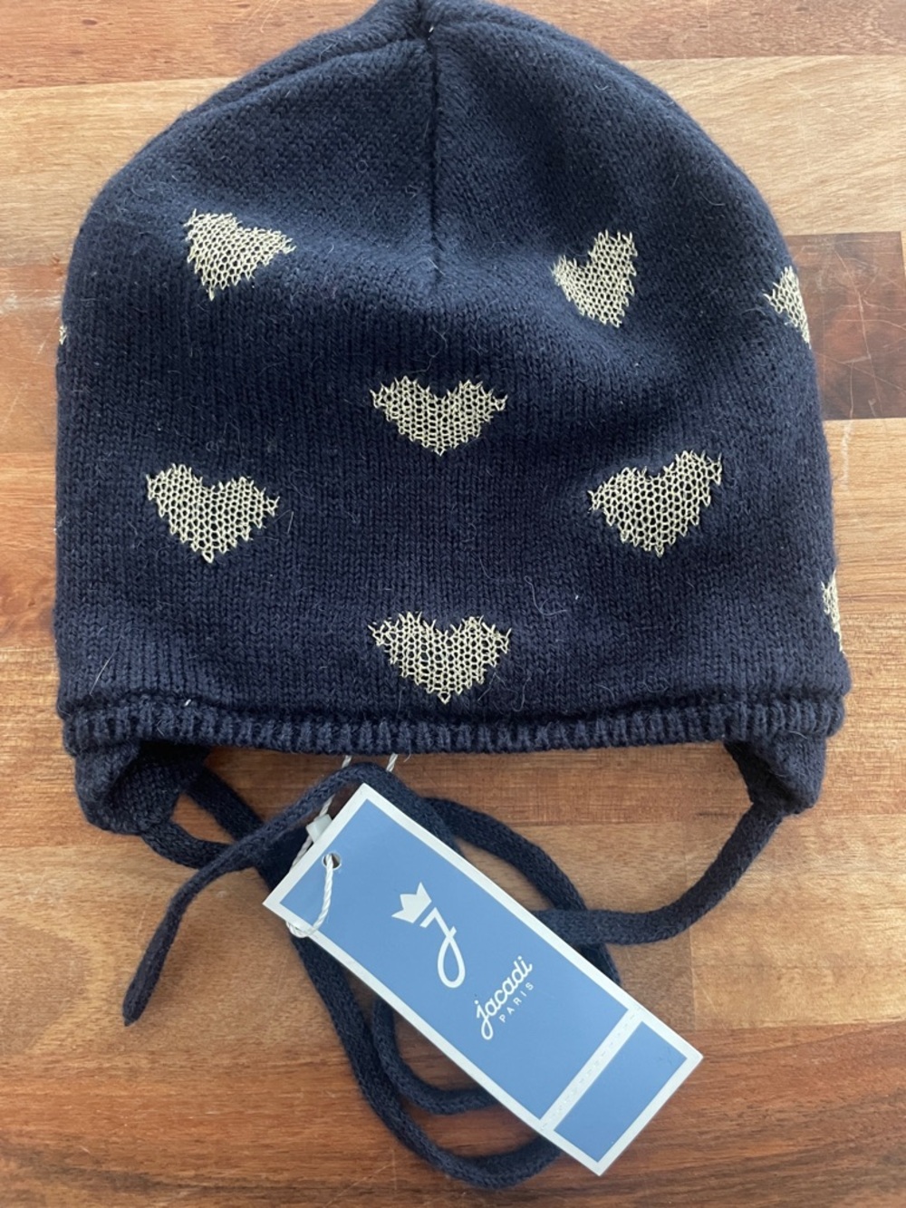 Jacadi Navy Knit Earflap Hat with Cream Heart Accents